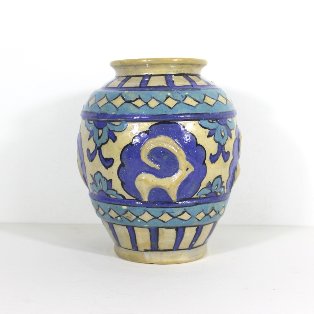 Vintage Primitive Clay Vase with Raised Ram Motif Blue and Turquoise